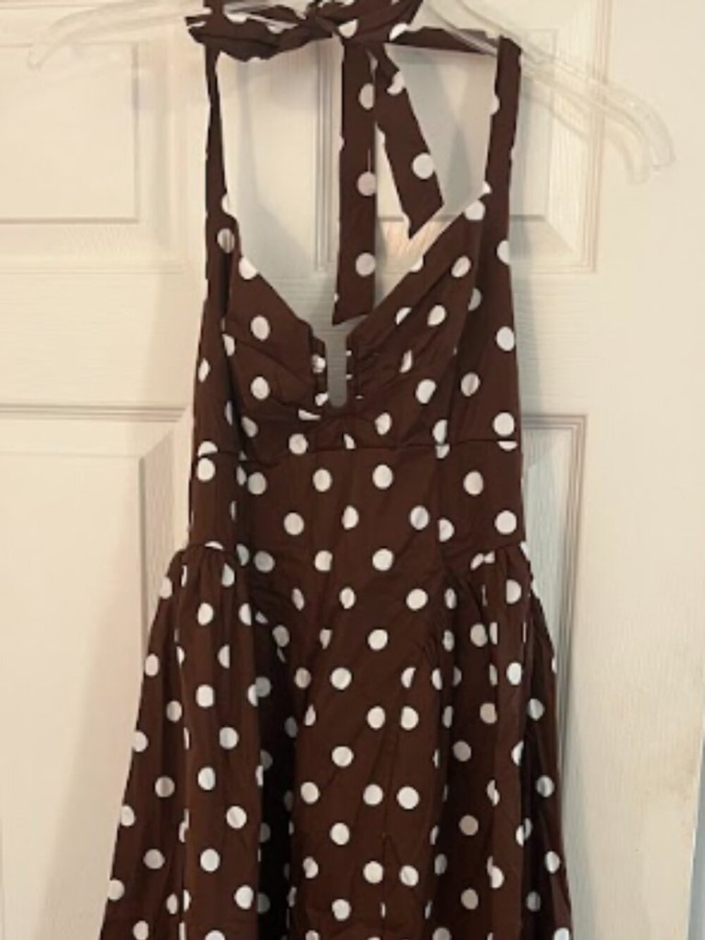 Crystal Sky Brown and White Polka Dot Halter Midi Dress NWOT L Shirred Back